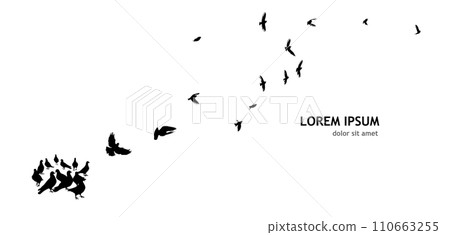 Flocks of flying pigeons isolated on white background. Pigeons are standing on the ground. hand drawing. Not AI, Vector illustration Flocks of flying pigeons isolated on white background. Pigeons are standing on the ground. hand drawing. Not AI, Vector illustration 110663255