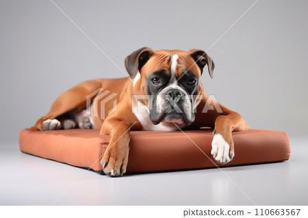 Image of cute boxer dog lying on sleeping cushion. Pet. Animals. 110663567