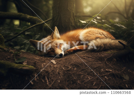 Image of a fox sleeping lying on the ground in the forest. Wildlife Animals. 110663568
