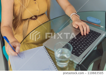 Beautiful pregnant woman working on laptop. Young businesswoman working in her office 110663585