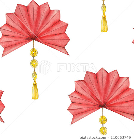 Seamless watercolor pattern for Chinese New Year. Red hand fan with gold pendant and brush painted in watercolor. Suitable for printing on fabric and paper, for invitations, cards. Seamless watercolor pattern for Chinese New Year. Red hand fan with gold pendant and brush painted in watercolor. Suitable for printing on fabric and paper, for invitations, cards. 110663749