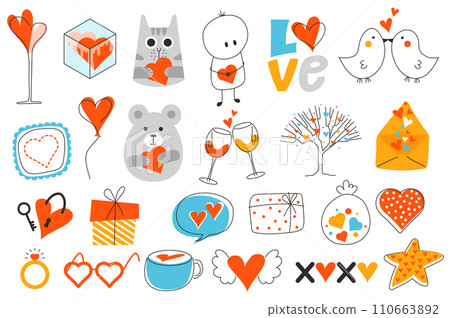 Valentine Day mega set in flat design. Bundle elements of heart couple, cute cat and bear, kiss birds, balloons, champagne in glasses, love letter, other. Illustration isolated graphic objects 110663892