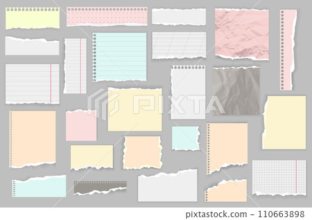 Ripped papers mega set in flat design. Bundle elements of colorful torn paper sheets, sticky notes shreds, notebook edges, empty and lined stripes. Illustration isolated graphic objects Ripped papers mega set in flat design. Bundle elements of colorful torn paper sheets, sticky notes shreds, notebook edges, empty and lined stripes. Illustration isolated graphic objects 110663898