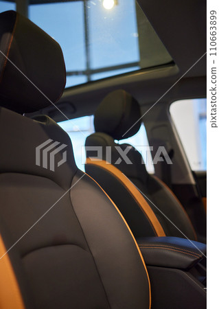 Car inside. Interior of prestige modern car. Comfortable leather seats Car inside. Interior of prestige modern car. Comfortable leather seats 110663899