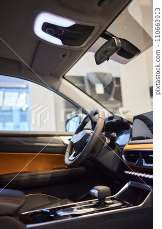 Car inside. Interior of prestige modern car. Comfortable leather seats Car inside. Interior of prestige modern car. Comfortable leather seats 110663913