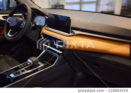 Car inside. Interior of prestige modern car. Comfortable leather seats Car inside. Interior of prestige modern car. Comfortable leather seats 110663919