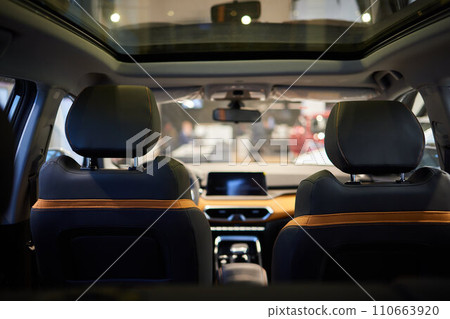 Car inside. Interior of prestige modern car. Comfortable leather seats 110663920