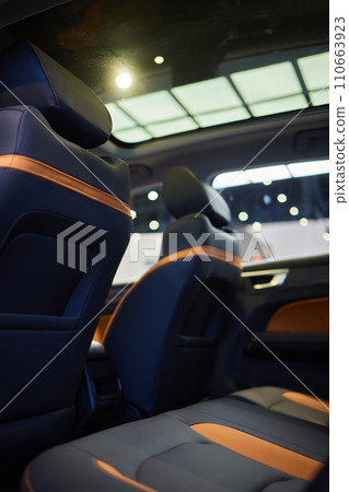 Car inside. Interior of prestige modern car. Comfortable leather seats Car inside. Interior of prestige modern car. Comfortable leather seats 110663923