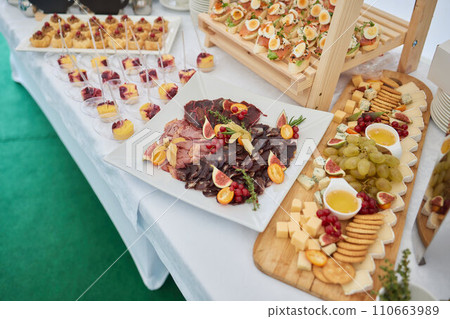 light snacks for the holiday, catering. Various light snacks. Catering plate. Assortment of sandwiches on the buffet table. meat, fish, vegetable canapes. light snacks for the holiday, catering. Various light snacks. Catering plate. Assortment of sandwiches on the buffet table. meat, fish, vegetable canapes. 110663989