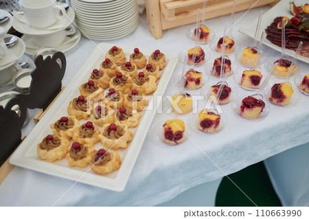 light snacks for the holiday, catering. Various light snacks. Catering plate. Assortment of sandwiches on the buffet table. meat, fish, vegetable canapes. light snacks for the holiday, catering. Various light snacks. Catering plate. Assortment of sandwiches on the buffet table. meat, fish, vegetable canapes. 110663990