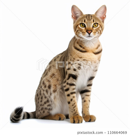 Savannah cat close up portrait isolated on white background. Cute pet, descendant of the african serval, loyal friend, good companion 110664069