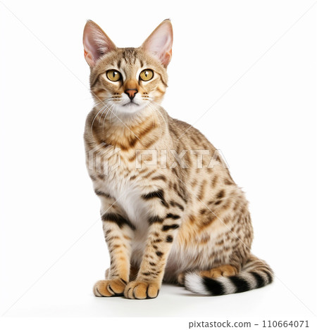 Savannah cat close up portrait isolated on white background. Cute pet, descendant of the african serval, loyal friend, good companion 110664071