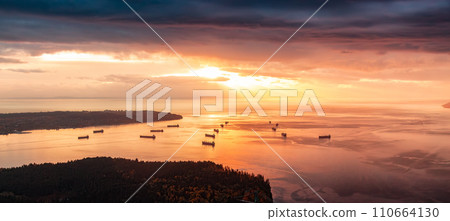 West Coast at Dramatic Sunset. Aerial Panorama. Vancouver, BC, Canada West Coast at Dramatic Sunset. Aerial Panorama. Vancouver, BC, Canada 110664130