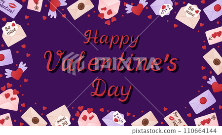 Horizontal St Valentines greeting banner or card. Handwriting lettering for valentines day with frame made of love letters and envelopes. Greeting card or background. Horizontal St Valentines greeting banner or card. Handwriting lettering for valentines day with frame made of love letters and envelopes. Greeting card or background. 110664144