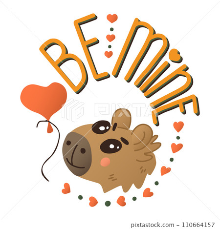 Capybara with balloon typographic oval composition. Valentines day concept printout. Cute flat animal character with hearts. Isolated colored illustration on white background. Good for poster 110664157