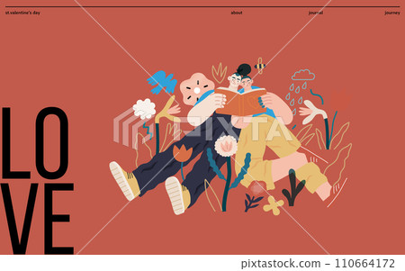 Valentine: Literary Love - modern flat vector concept illustration of a couple enjoying a book together in a serene natural setting. Metaphor for shared interests and intellectual harmony Valentine: Literary Love - modern flat vector concept illustration of a couple enjoying a book together in a serene natural setting. Metaphor for shared interests and intellectual harmony 110664172