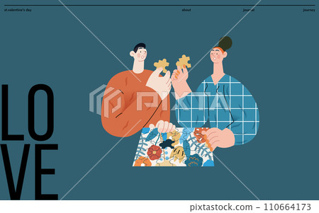 Valentine: Unexpected Match -modern flat vector concept illustration of a couple with duplicate puzzle pieces, a twist in their completion. Metaphor for life's surprising coincidences in relationships Valentine: Unexpected Match -modern flat vector concept illustration of a couple with duplicate puzzle pieces, a twist in their completion. Metaphor for life's surprising coincidences in relationships 110664173