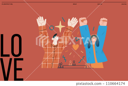 Valentine: Joyful Success - modern flat vector concept illustration of a happy couple celebrating winning at chess with raised arms. Metaphor of love, shared achievement, affection, connection 110664174