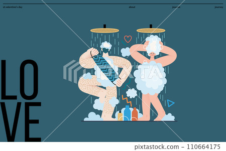 Valentine: Shared Routine - modern flat vector concept illustration of a couple engaging in a playful shower routine together. Metaphor of intimacy in daily life, unity, affection, love, connection Valentine: Shared Routine - modern flat vector concept illustration of a couple engaging in a playful shower routine together. Metaphor of intimacy in daily life, unity, affection, love, connection 110664175