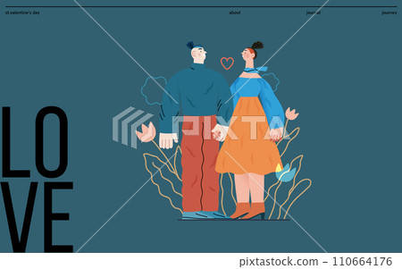 Valentine: Tender Moments -modern flat vector concept illustration of a couple in loving gaze, looking to each other holding hands. Metaphor of blossoming love, unity, affection, connection, growth Valentine: Tender Moments -modern flat vector concept illustration of a couple in loving gaze, looking to each other holding hands. Metaphor of blossoming love, unity, affection, connection, growth 110664176
