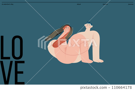 Valentine: Embraced in Harmony - modern flat vector concept illustration of a naked couple intertwined in a serene, floral environment. Metaphor of unity, affection, love, connection, growth 110664178