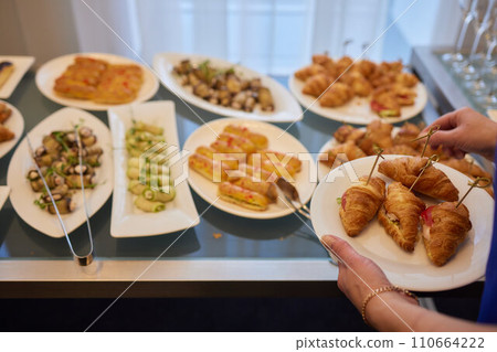light snacks for the holiday, catering. Various light snacks. Catering plate. Assortment of sandwiches on the buffet table. meat, fish, vegetable canapes. light snacks for the holiday, catering. Various light snacks. Catering plate. Assortment of sandwiches on the buffet table. meat, fish, vegetable canapes. 110664222