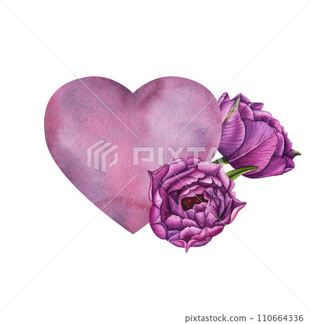 Simple watercolor pink blue lilac hear with violet tulips for Happy Valentines Day card or t-shirt design. Romance, relationship and love. Heart illustration. Hand drawn style 110664336