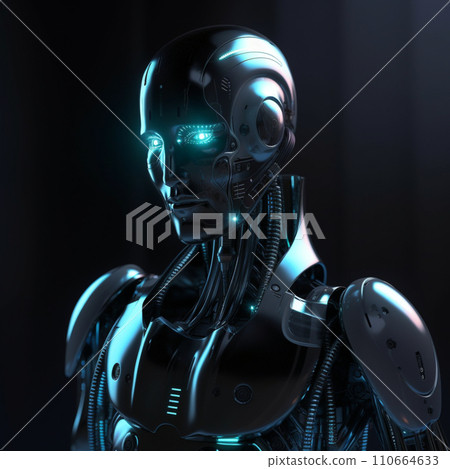 AI-generated content. Generative ai illustration. A robot with blue eye and lights. High quality photo.  110664633