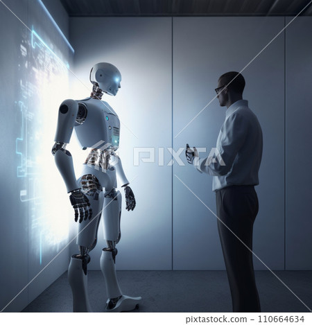 AI-generated content. Generative ai illustration. A robot with blue eye and lights. High quality photo.  110664634