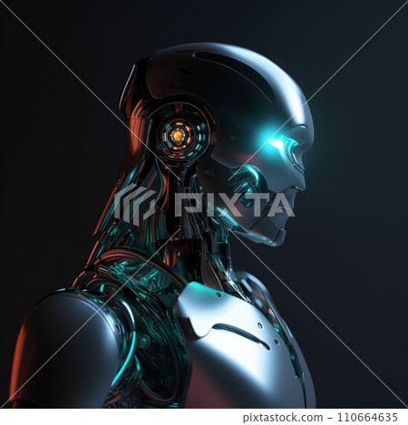 AI-generated content. Generative ai illustration. A robot with blue eye and lights. High quality photo.  110664635