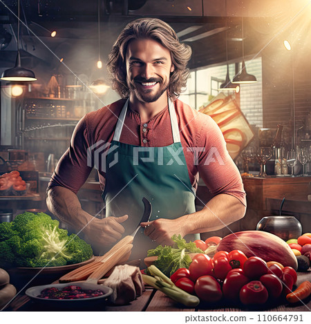 AI-generated content. friendly elderly man with long hair in the kitchen 110664791