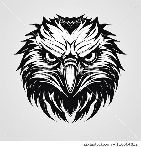 Angry predatory eagle, logo, monochrome drawing, bird Icon, eagle symbol, angry bird portrait, predator pictogram, for laser engraving, tatoo 110664812