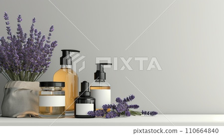 Beauty product display, slender flacons and oils, arranged with fresh lavender, on a monochrome ivory surface 110664840