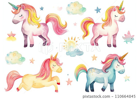 Set of cute unicorn in different poses, watercolor, white background 110664845