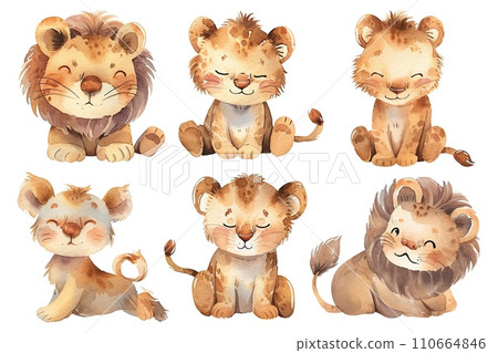Watercolor set of cute safari lion in different poses. White background, light pastel colors 110664846