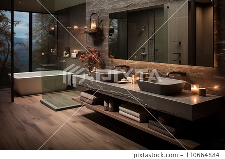 Bathroom with smooth surfaces and minimal design details, embodying a sense of streamlined elegance 110664884