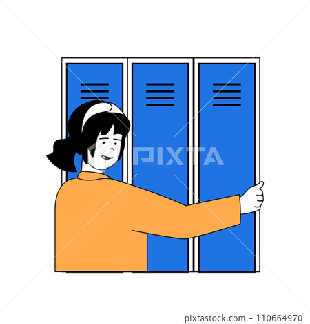 School learning concept with cartoon people in flat design for web. Student using locker for textbook storage, goes to lesson at class. Vector illustration for social media banner, marketing material. School learning concept with cartoon people in flat design for web. Student using locker for textbook storage, goes to lesson at class. Vector illustration for social media banner, marketing material. 110664970