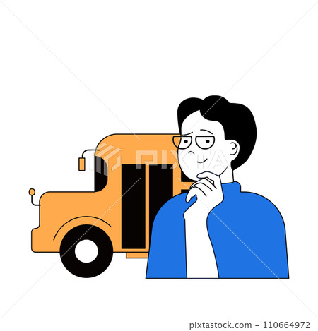 School learning concept with cartoon people in flat design for web. Student going to class and using school bus for transportation. Vector illustration for social media banner, marketing material. 110664972