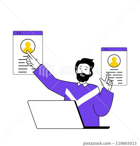 Recruitment concept with cartoon people in flat design for web. Man selecting best workers and choosing candidates to company staff. Vector illustration for social media banner, marketing material. Recruitment concept with cartoon people in flat design for web. Man selecting best workers and choosing candidates to company staff. Vector illustration for social media banner, marketing material. 110665013