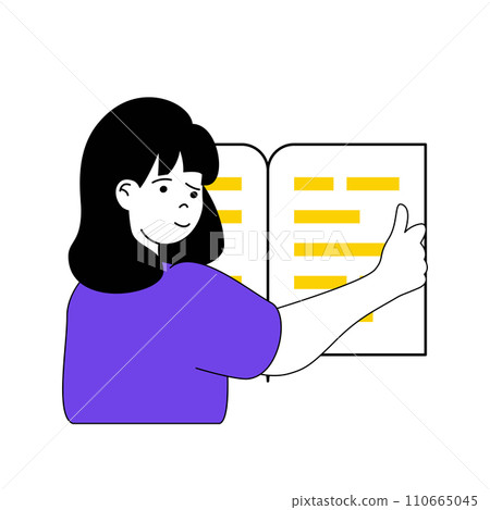 Book reading concept with cartoon people in flat design for web. Woman holds open book, researches text document, learns with textbook. Vector illustration for social media banner, marketing material. Book reading concept with cartoon people in flat design for web. Woman holds open book, researches text document, learns with textbook. Vector illustration for social media banner, marketing material. 110665045