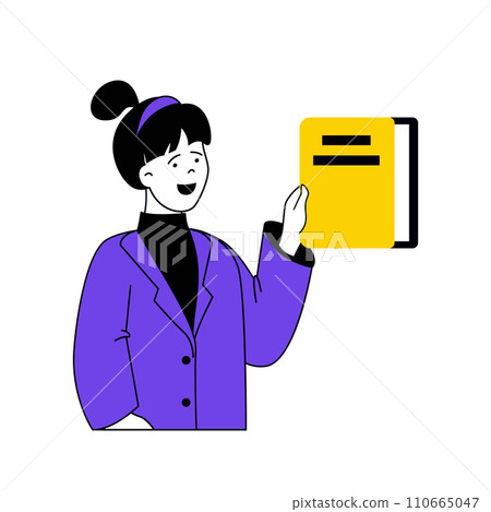 Book reading concept with cartoon people in flat design for web. Woman researching dictionary and textbook, choosing novel in bookshop. Vector illustration for social media banner, marketing material. Book reading concept with cartoon people in flat design for web. Woman researching dictionary and textbook, choosing novel in bookshop. Vector illustration for social media banner, marketing material. 110665047