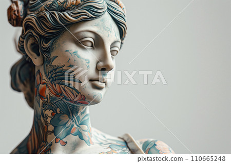 Classical greek goddess sculpture with modern hand drawn colorful tattoos. Heavily tattooed classic statue, modern art concept, tattoo shop promotion idea, copy space for text. 110665248