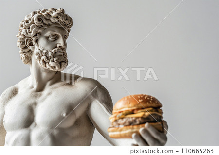 Ancient Greek god sculpture holding a burger. Fit man marble statue offers a cheeseburger. Fast food, overeating, bad diet, unhealthy eating habits concept, copy space. Restaurant menu mockup 110665263