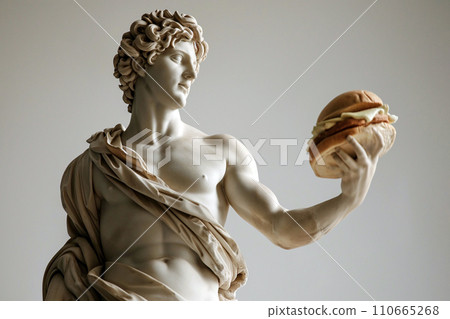 Ancient Greek god sculpture holding a burger. Fit man marble statue offers a cheeseburger. Fast food, overeating, bad diet, unhealthy eating habits concept, copy space. Restaurant menu mockup 110665268
