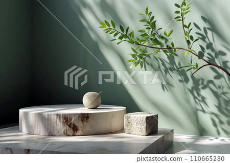 Minimal podium for cosmetic product presentation made of stone and wood with green leaves. Natural product present placement display, beauty product promotion mockup. Trendy natural background Minimal podium for cosmetic product presentation made of stone and wood with green leaves. Natural product present placement display, beauty product promotion mockup. Trendy natural background 110665280