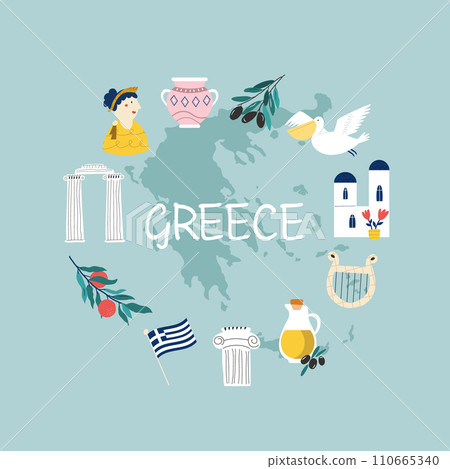 Colorful image, frame art with landmarks, symbols of Greece 110665340