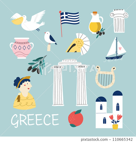 Colorful image, frame art with landmarks, symbols of Greece Colorful image, frame art with landmarks, symbols of Greece 110665342