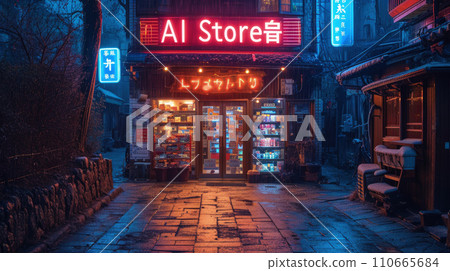 AI store or workshop on cyberpunk city street at night, neon signs on dark grungy alley with blue and red light. Concept of dystopia, anime, technology and future 110665684
