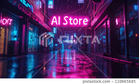 Neon sign AI Store in cyberpunk city at night, robot shops on dark grungy street with purple light. Concept of dystopia, anime, futuristic technology, rain and future Neon sign AI Store in cyberpunk city at night, robot shops on dark grungy street with purple light. Concept of dystopia, anime, futuristic technology, rain and future 110665685