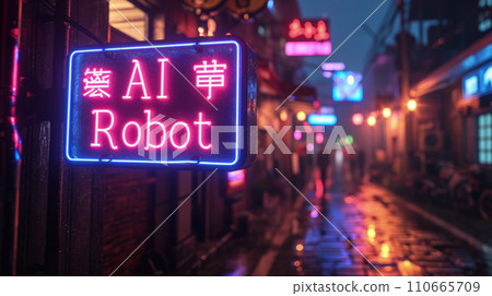 Neon store sign of AI Robot in cyberpunk city street at night, dark alley with futuristic shop. Gloomy grungy buildings with low light. Concept of dystopia, technology and future Neon store sign of AI Robot in cyberpunk city street at night, dark alley with futuristic shop. Gloomy grungy buildings with low light. Concept of dystopia, technology and future 110665709